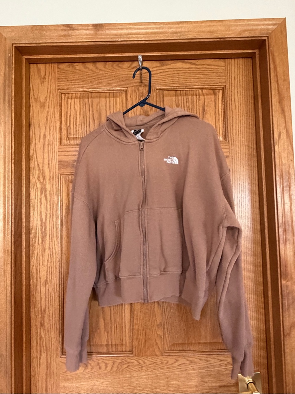 The North Face Cropped Hooded Zip Bomber Jacket in Taupe Brown